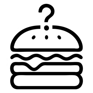 black hamburger, no texture or shading, with a prominent white question mark centered on top, transparent background sticker