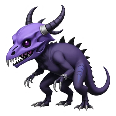 Shiny Dark Edgy  Duskull-Salandit-Inteleon-Amaura-Fakémon-hybrid-creature (full body) with a horned animal-skull-mask sticker