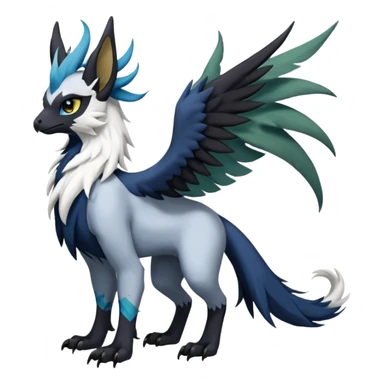 Dark-deep-colored gryphon-Trico-Nargacuga-Absol-Leafeon-Sprigatito-Silvally-fusion-hybrid with a long tufted tail, black beak, black claws, black tail, majestic, realistic, furry (full body) sticker