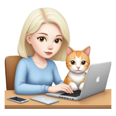 A girl is working on a laptop with a cat lying next to it sticker