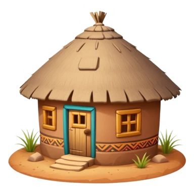 African mud hut tribal house, round adobe clay house, thatched roof, warm sunlight, colorful tribal patterns, cute mobile game icon, 3D cartoon, high detail, clean background sticker