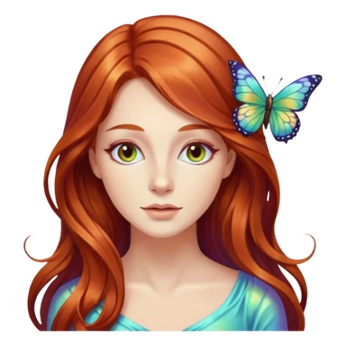 Woman with long flowing auburn hair wearing a butterfly sticker