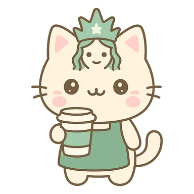 playful cat with Starbucks mermaid crown, green apron, holding a coffee cup, kawaii style sticker