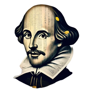 Shakespeare made of newspaper cuttings wearing flowers, stained glass, fairy lights, bokeh, annotated sketch, handwritten letters, collage of intricate patterns, gold swirls, bokeh, lights  sticker