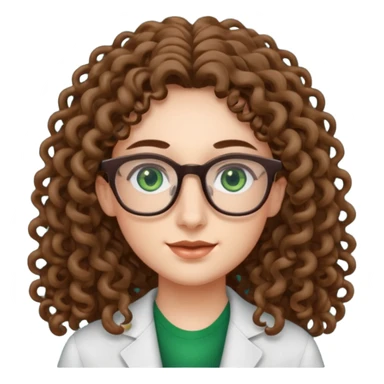 rapariga, olhos verdes escuros, rosto retangular, cabelos muito compridos aos caracóis, com óculos sticker