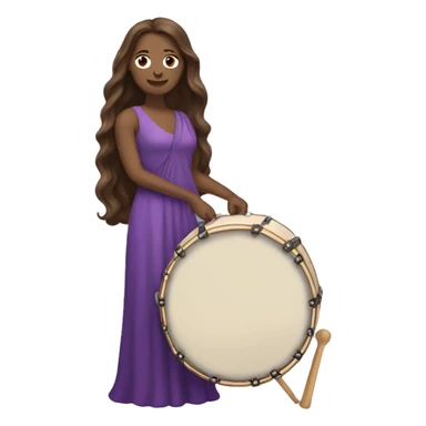White woman standing with long flowing purple dress and long wavy brown hair holding a small handheld frame drum and a drum beater sticker