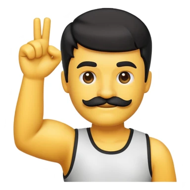 An emoji with black sideswept bangs and a blocky mustache lifting up his right arm sticker