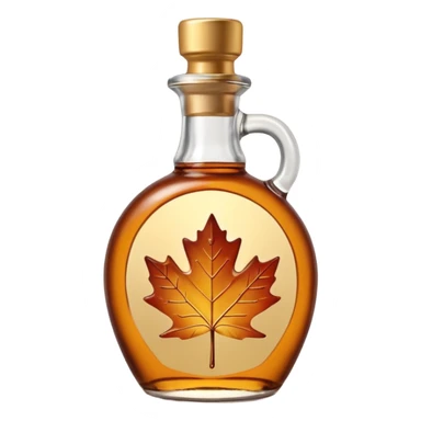 glass bottle of maple syrup, amber syrup visible, rounded shape with handle, gold or dark brown screw cap, glossy surface, subtle reflections, maple leaf symbol, 3D clean style, transparent background sticker