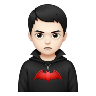 Vampire boy with the short black hair, pale-white skin, black eyes, little fangs and dark circles under his eyes. He has serious face and he wear a black oversize sweatshot sticker