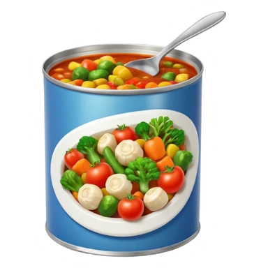 open tin can with chunky mixed vegetables in tomato sauce, no spoon or branding, soft lighting, subtle shadows, emoji scale sticker