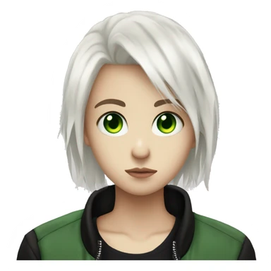 very exhausting emo teen with chin-length white hair and very very light skin with green eyes looking so weary wearing in black guess bomber and white shirt sticker