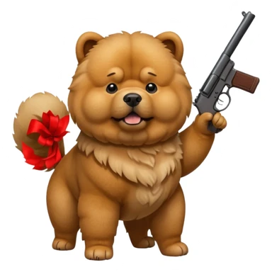Funny realistic-style chow chow dog with light fur standing on its hind legs and holding a gun menacingly sticker