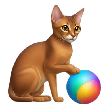 Abyssinian cat holding a colorful ball of fur sticker