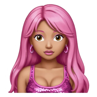 Nicki Minaj with long pink hair, pink sequin crop top, dark brown eye sticker