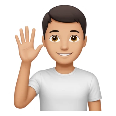 joven bronceado pelo oscuro muy cortito polera blanca sonrisa bonita saludando mano arriba sticker