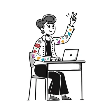 Edgy female rock musician with colorful tattoo sleeve, undercut hairstyle with vibrant dyed hair, wearing leather jacket, sitting at classroom desk with laptop, hand raised enthusiastically sticker