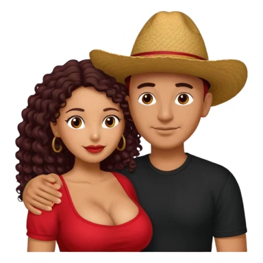 A picture of an embracing tanned couple. the man is a Mexican man with tanned skin, with a bald hair cut wearing a red hat and wearing a black shirt. the woman is mixed, with glasses,  with long curly dark brown hair and with big boobs. Remove the glasses from the guy sticker