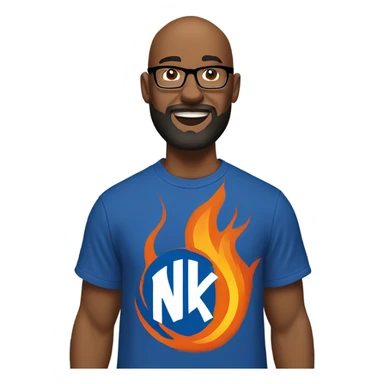 A Bald man with a beard, goatee, and glasses wearing a New York Knick tee shirt while standing and throwing flames. sticker