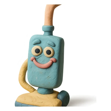 close-up of a playful upright vacuum with an expressive face in claymation style, pastel colors, detailed clay texture sticker