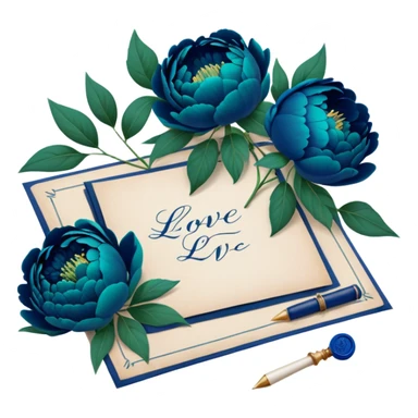 A charming arrangement of deep green peonies placed beside an old blue love letter with an intricate navy blue wax seal. sticker