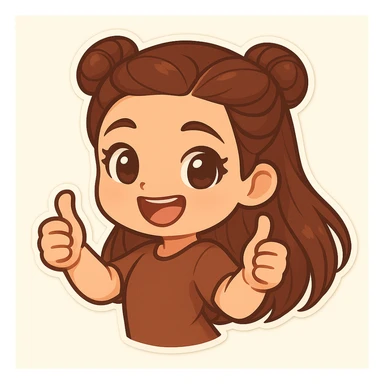 Create a chibi sticker of the girl with double bun hairstyle, giving a thumbs up with both hands, big smile, body turned slightly to the side, energetic and proud, same face and clothes as before. sticker
