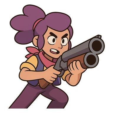 Shelly from Brawl Stars, holding her shotgun, dynamic action, bold outlines sticker