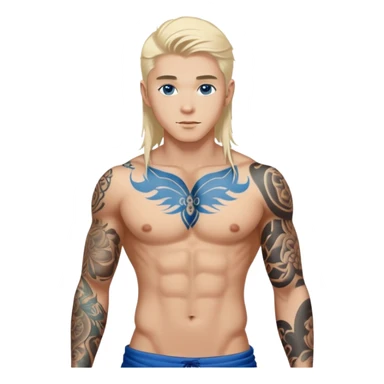 Handsome shirtless blonde hair and blue eyes white guy with body tattoos; beautiful Asian woman with long black hair and body tattoos sexy pose sfw sticker