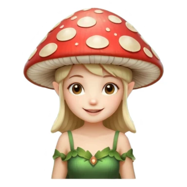 mushroom fairy portrait, head and shoulders only, wearing a large mushroom cap hat, tiny glowing wings visible behind shoulders, cute magical smile, forest fantasy vibe, 3D cartoon, mobile game icon style, clean background, no text, no watermark sticker