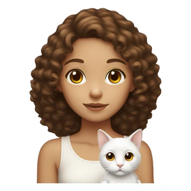 Girl with brown curly hair and brown eyes holding a white cat sticker