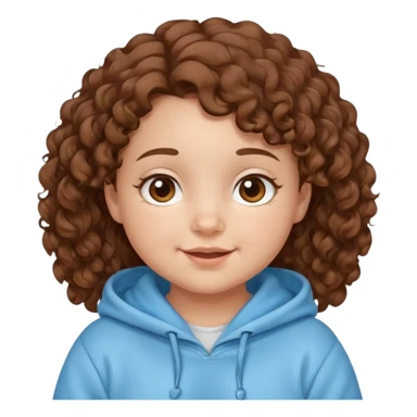 A girl with brown curly hair and chubby cheeks brown eyes and a happy face she has a baby blue hoddie sticker