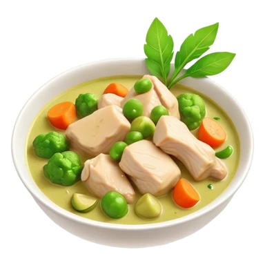 Green Chicken Curry Cinematic Realistic Green Chicken Curry Dish Emoji, depicted as tender chicken chunks simmered in a fragrant green curry sauce with vegetables, rendered with vivid textures and dynamic, vibrant lighting. sticker