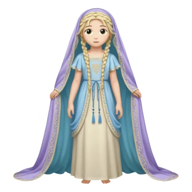 Joven de unos 20 años, de aspecto dulce y elegante.
Piel clara, ojos (pueden ser azules o verdes)
Rubio o castaño claro, largo, con trenzas o velo.
Vestido largo de tonos suaves (blanco, azul o lavanda), con bordados dorados; un manto o toca fina cubriendo la cabeza. Todo el cuerpo sticker