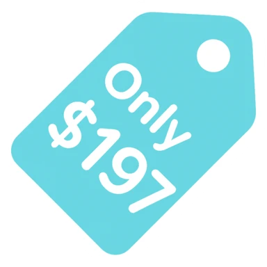 icon with text 'Only $197', color icon style, cyan as the main color, bold, modern, clear, rounded font, price tag or label element sticker