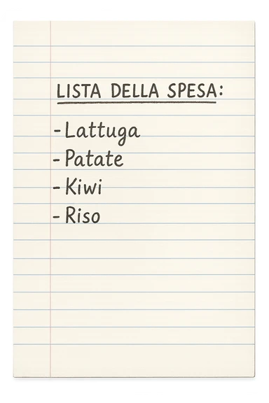 FOGLIO DI CARTA A RIGHE CON LISTA DELLA SPESA SCRITTA A PENNA:
"LISTA DELLA SPESA:
- Lattuga
- Patate
- Kiwi
- Riso", iperealistico 4k sticker