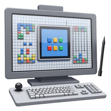 Emoji for Game Design: computer screen with Professional game development interface, 3D models, pixel art and design tools like grid, wireframe, joystick, stylus. Symbolizes the technical and creative process of game development. Transparent background. sticker