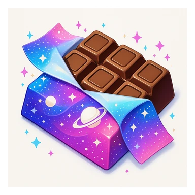 A chocolate bar with pink, blue, and purple colors, with a galaxy pattern, in 3D iOS style, with a white background, surrounded by small stars and sparkles, with more details. sticker