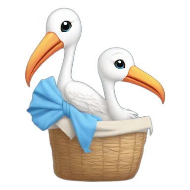 White stork carrying a blue bundle of cloth in its beak that has a human person cute baby with and the human baby head is peeking from the fabric bundle the strok is carrying with its beak sticker