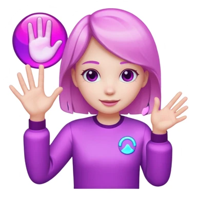 Friendly round AI mascot with a neon C badge, floating hologram in hands, purple-magenta glow. sticker