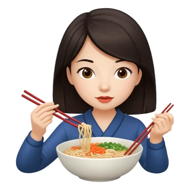 chica joven con piel clara y pelo oscuro comiendo un bowl de comida sticker