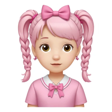small girl wearing pink student uniform, white dress, white shoes and a bow on her pigtail hair sticker