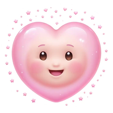 Cinematic floating soft heart, chubby round edges, pastel pink glow, tiny smiling face, surrounded by dreamy sparkles, gentle and loving. sticker