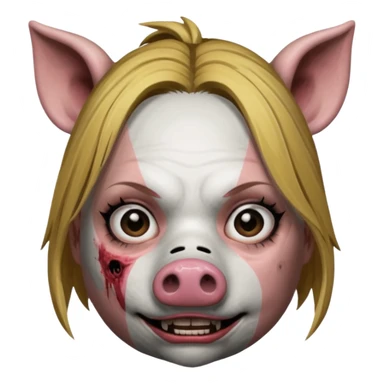 Amanda Young as the Pig from Dead by Daylight, mask lifted to reveal Amanda's face, intense eyes sticker