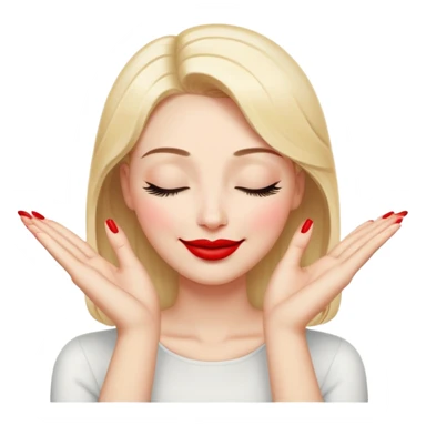 A smiling face with closed eyes forming upward curved lines, visible eyelashes, pursed lips with red lipstick, and a hand showing only the thumb out with all other fingers closed against the palm, painted nails sticker