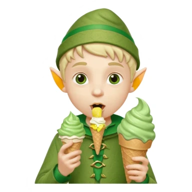 
A young elf boy in leafy clothes licking a triple-scoop ice cream with wide eyes.


A tall elegant elf with long braids enjoying a mint swirl cone under soft light.




 sticker