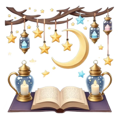  crescent moons, stars with ribbons, tiny clouds, crystal bottles, cozy mugs, mini lanterns, and floating books. Smooth textures, soft magical lighting, realistic shadows, very detailed, high-resolution, dreamy and enchanting aesthetic, super cute and charming." sticker