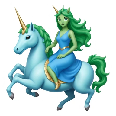 alien reptilian green woman in blue dress, rides white unicorn
 sticker