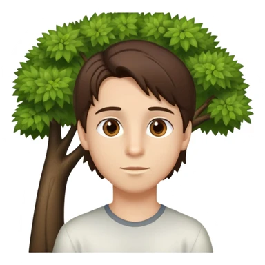 boy with straight brunette hair brown eyes and tree behind sticker