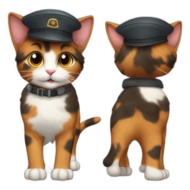 calico cat with brown and grey fur wearing a pilot hat sticker
