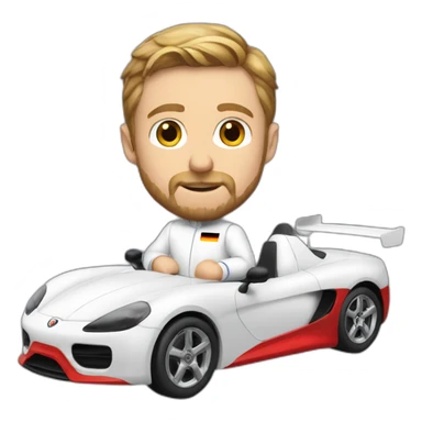 German Ryan Gosling in white Racing Suite is driving a tiny red car sticker