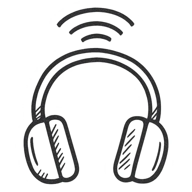 Wireless headphones, black outlined, white fill, hand drawn style sticker